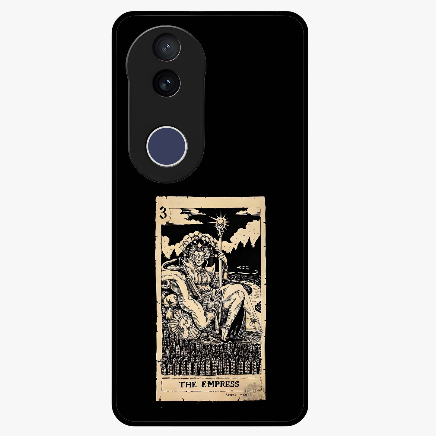 The Empress Glass Case showing flat back view with regal feminine artwork and glossy glass finish.