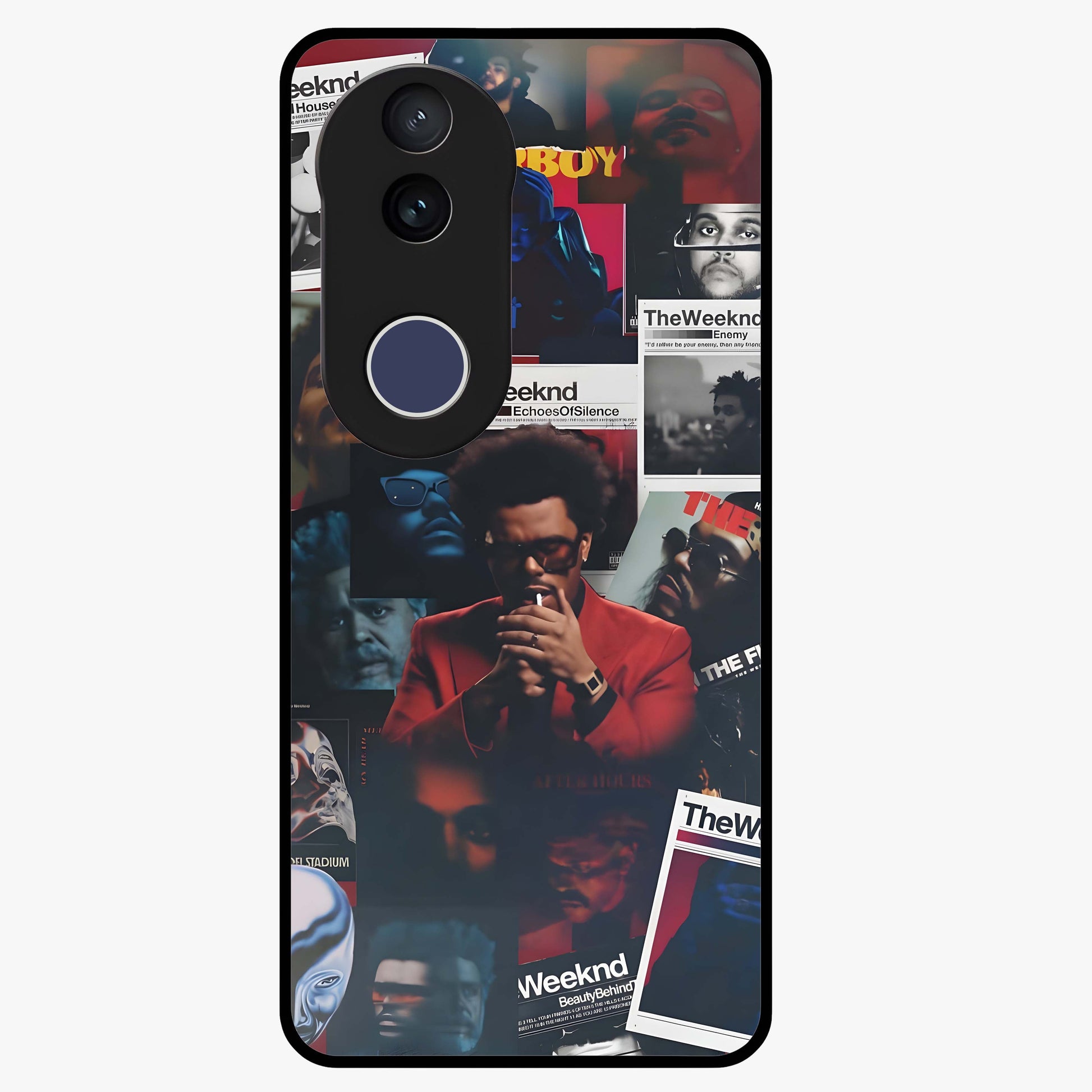 The Weeknd Glass Case showing flat back view with music inspired artistic portrait artwork and glossy glass finish.