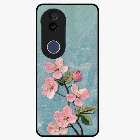 Threaded Blossom Breeze Glass Case showing flat back view with delicate blossom artwork and glossy glass finish.