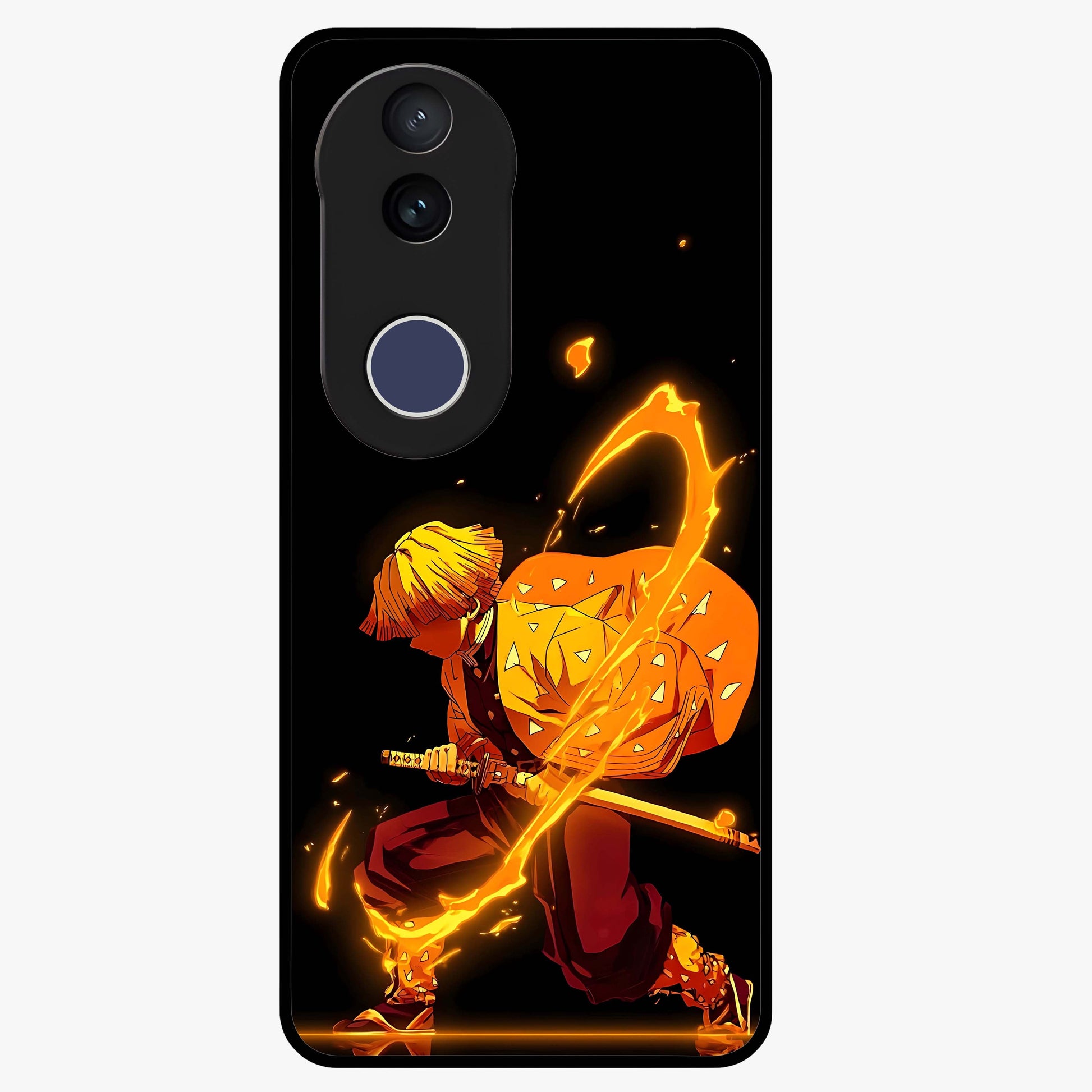 Thunder Flame Execution Glass Case showing flat back view with powerful flame and lightning artwork and glossy glass finish.