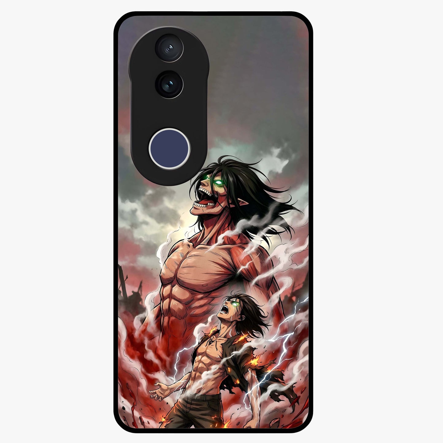 Titan Awakening Fury Glass Case showing flat back view with powerful titan inspired artwork and glossy glass finish.