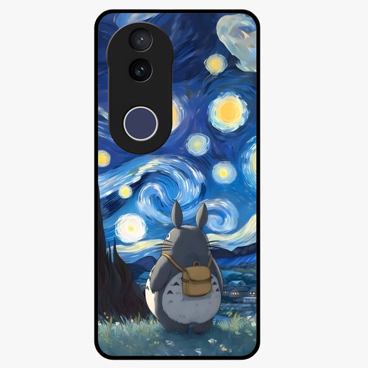 Totoro In Van Gogh Art Glass Case showing flat back view with whimsical character artwork inspired by Van Gogh style and glossy glass finish.