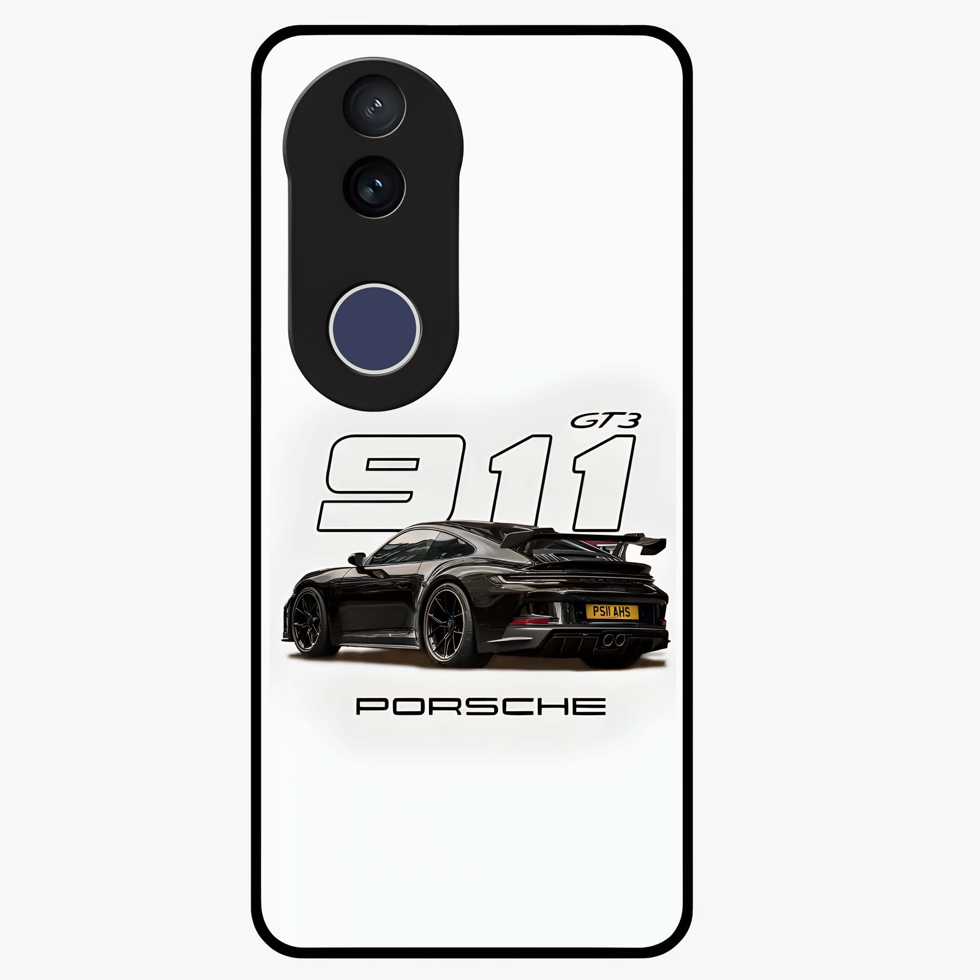 Turbo Legacy Icon Glass Case showing flat back view with iconic sports car inspired artwork and glossy glass finish.
