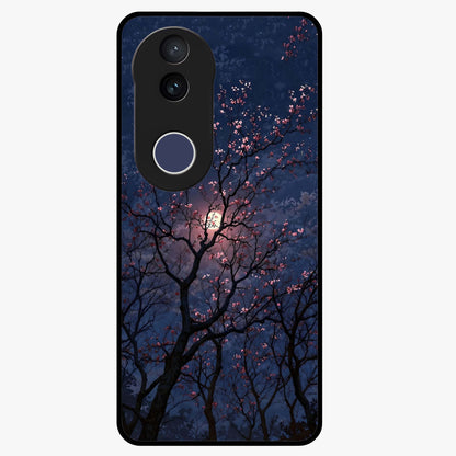 Twilight Sakura Serenade Glass Case showing flat back view with cherry blossom artwork at twilight and glossy glass finish.