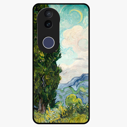 Van Gogh Vintage Art Glass Case showing flat back view with vintage painterly artwork inspired by Van Gogh style and glossy glass finish.