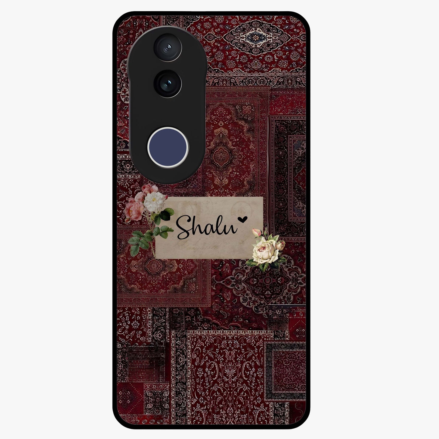 Velvet Wine Pattern Custom Name Glass Case showing flat back view with elegant wine colored pattern artwork and personalized name design.