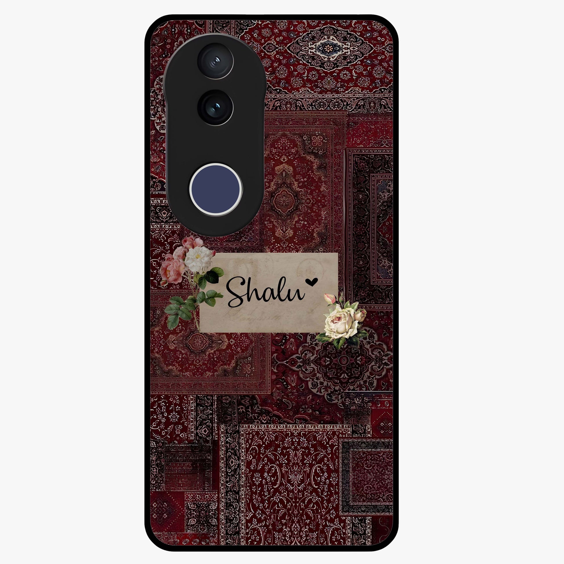 Velvet Wine Pattern Custom Name Glass Case showing flat back view with elegant wine colored pattern artwork and personalized name design.