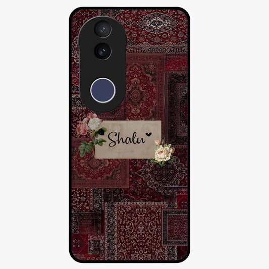 Velvet Wine Pattern Custom Name Glass Case showing flat back view with elegant wine colored pattern artwork and personalized name design.