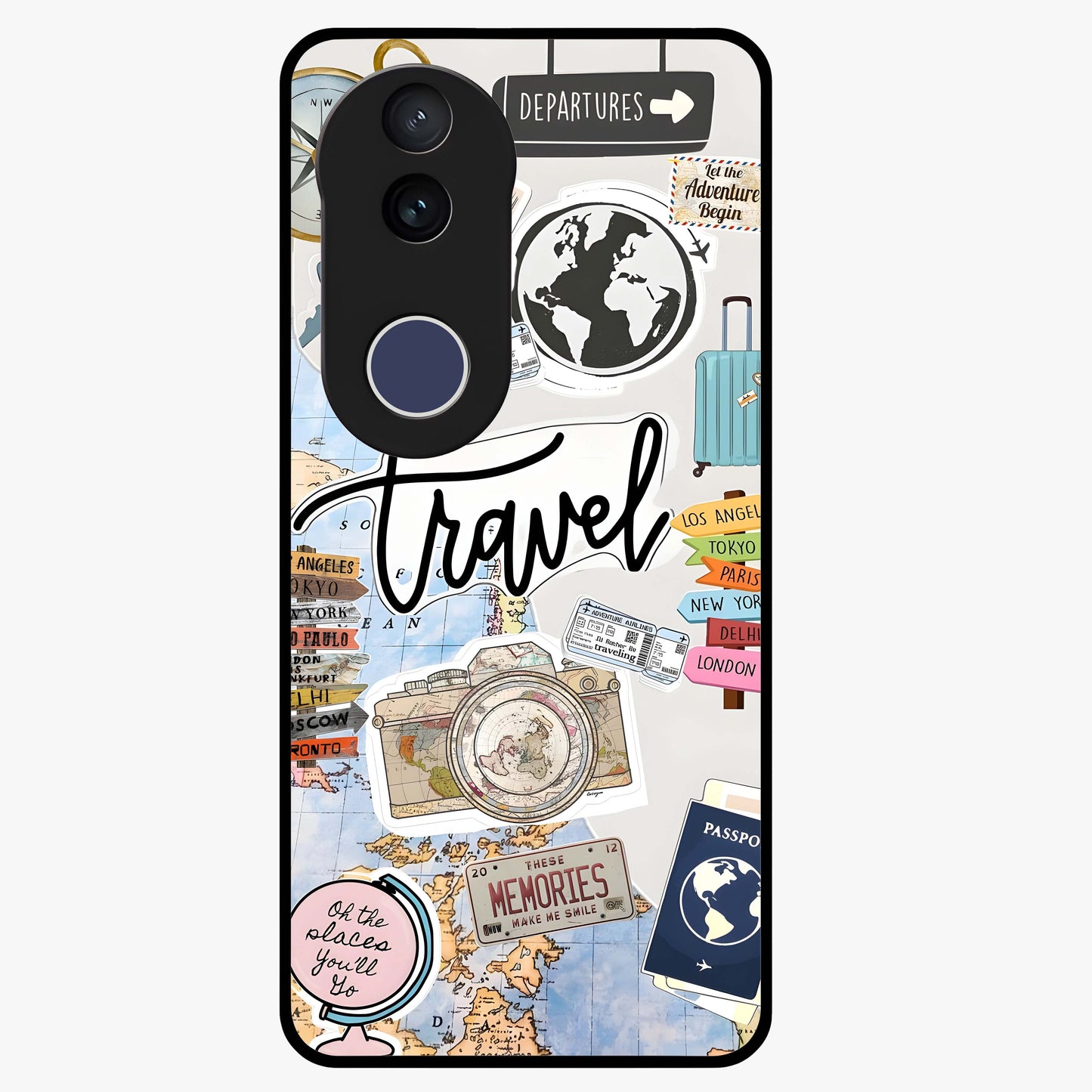 Wanderlust Journal Glass Case showing flat back view with travel inspired artwork and glossy glass finish.