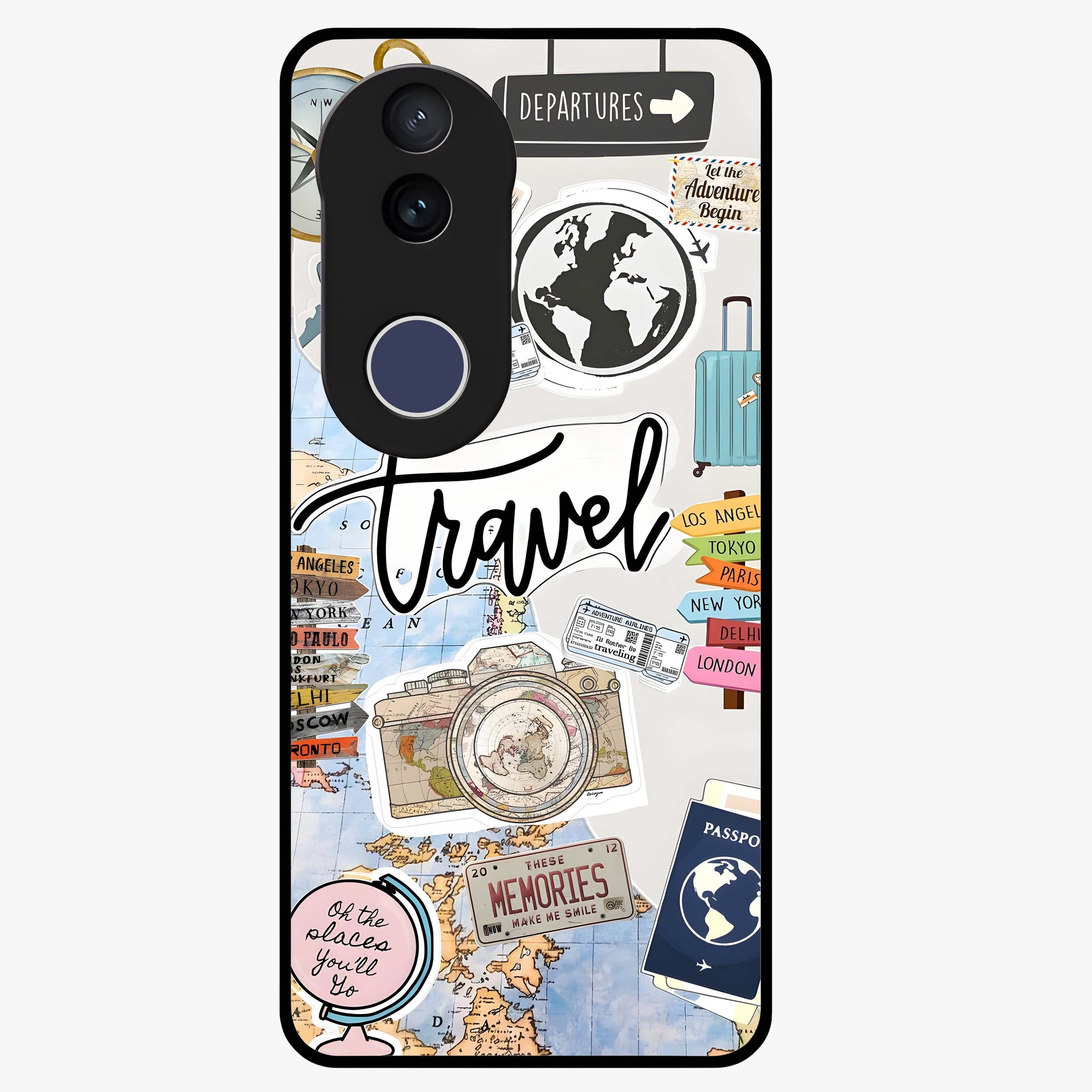 Wanderlust Journal Glass Case showing flat back view with travel inspired artwork and glossy glass finish.