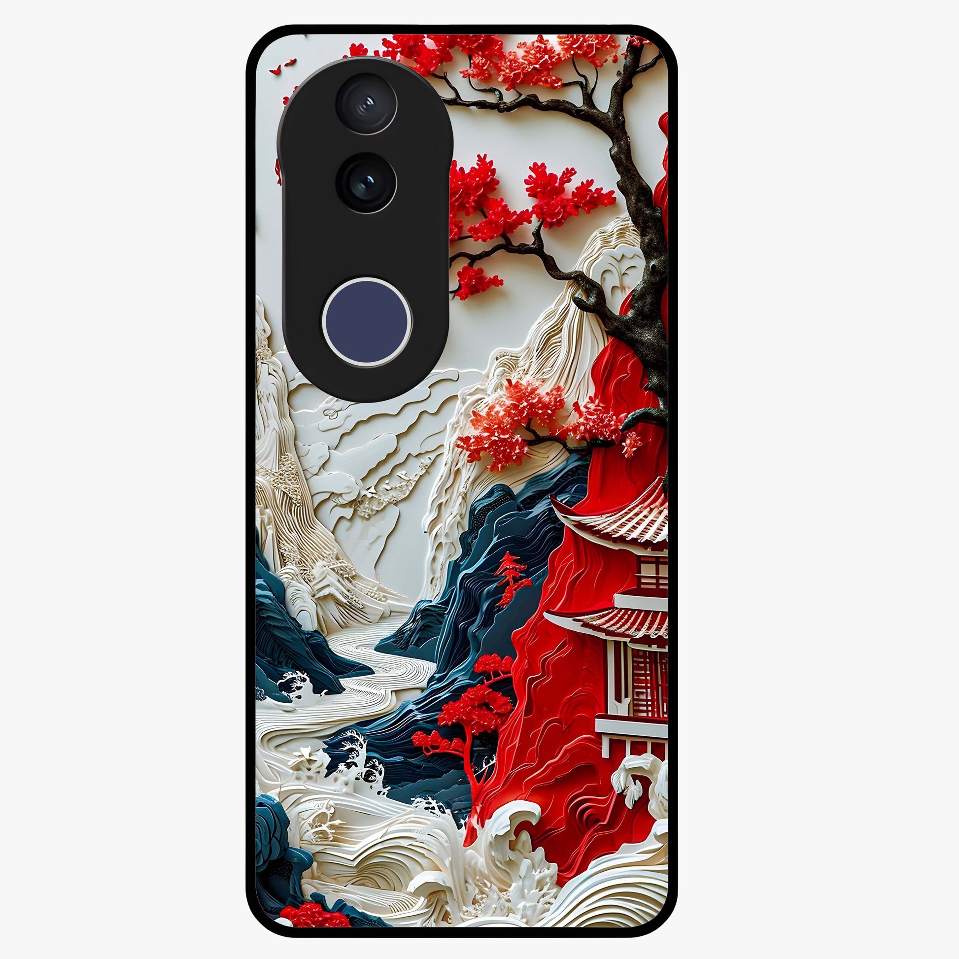 Whispers Of Sakura Waves Glass Case showing flat back view with cherry blossom wave artwork and glossy glass finish.