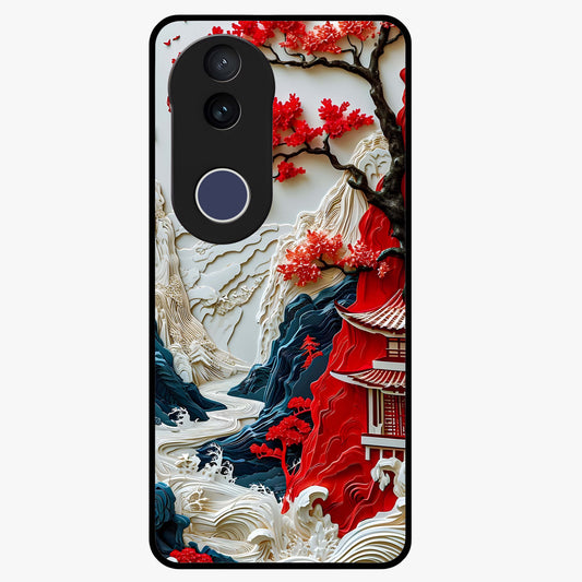 Whispers Of Sakura Waves Glass Case showing flat back view with cherry blossom wave artwork and glossy glass finish.
