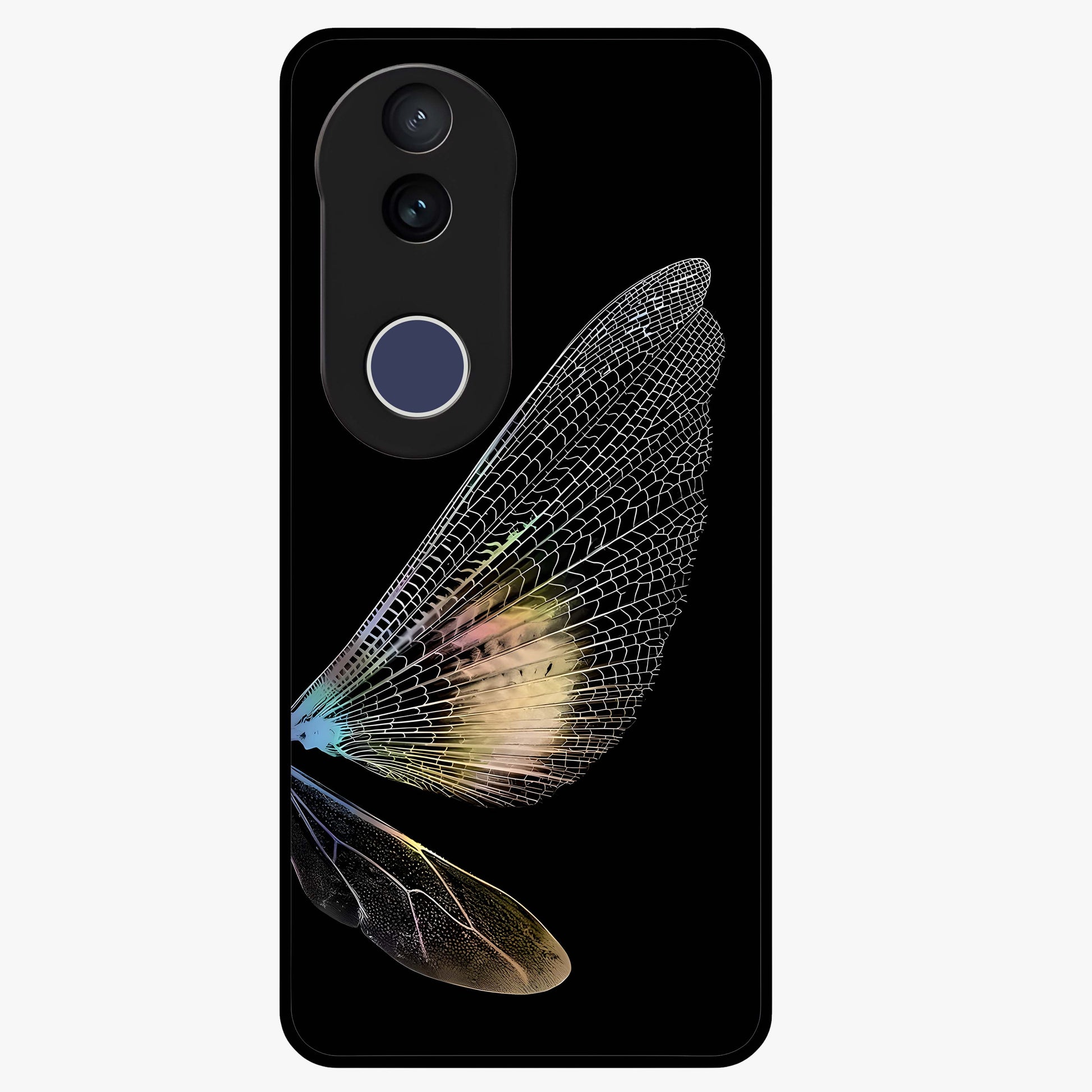 Whispers Of Wings Glass Case showing flat back view with graceful wing inspired artwork and glossy glass finish.