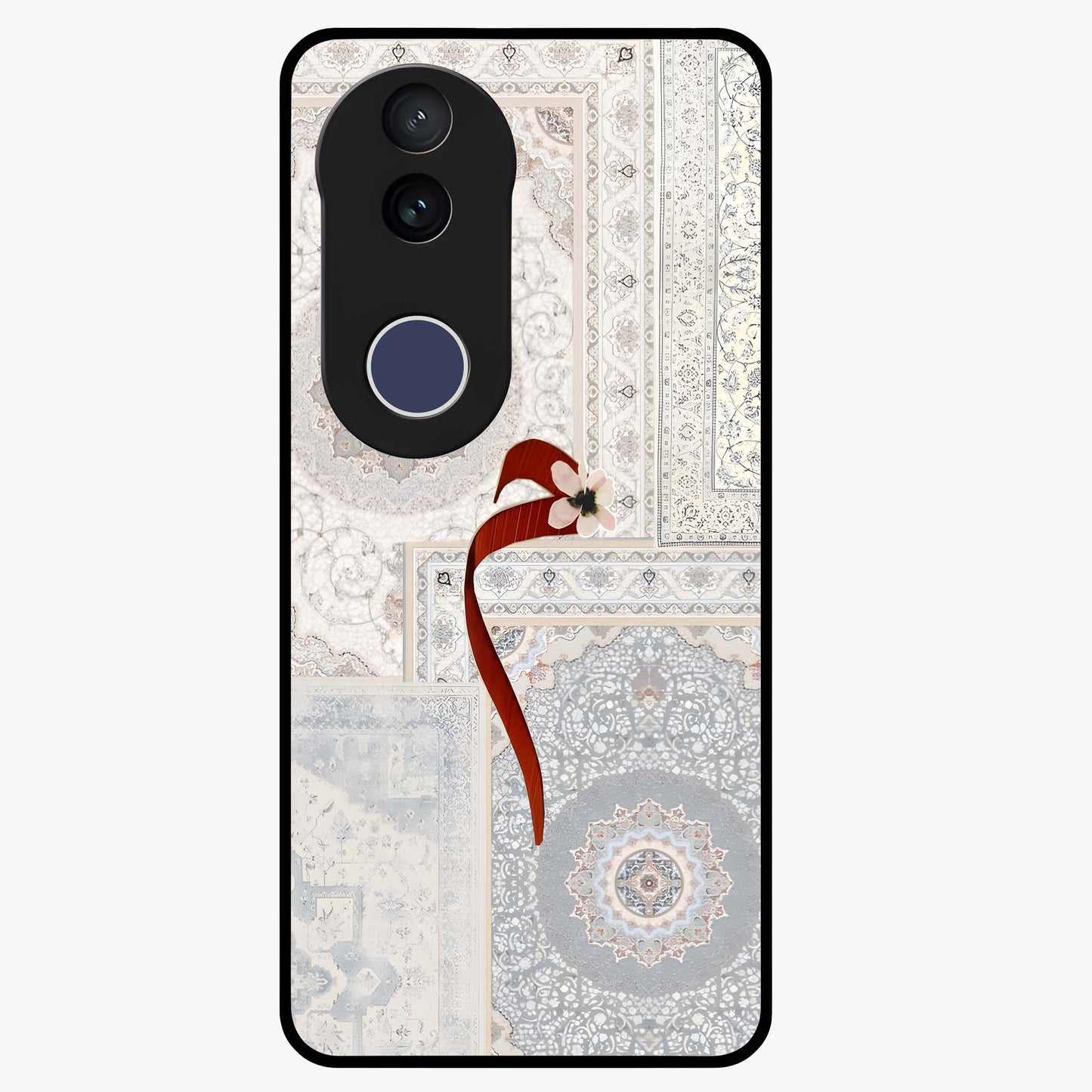 White Aesthetic Bow Glass Case showing flat back view with minimal bow artwork and glossy glass finish.