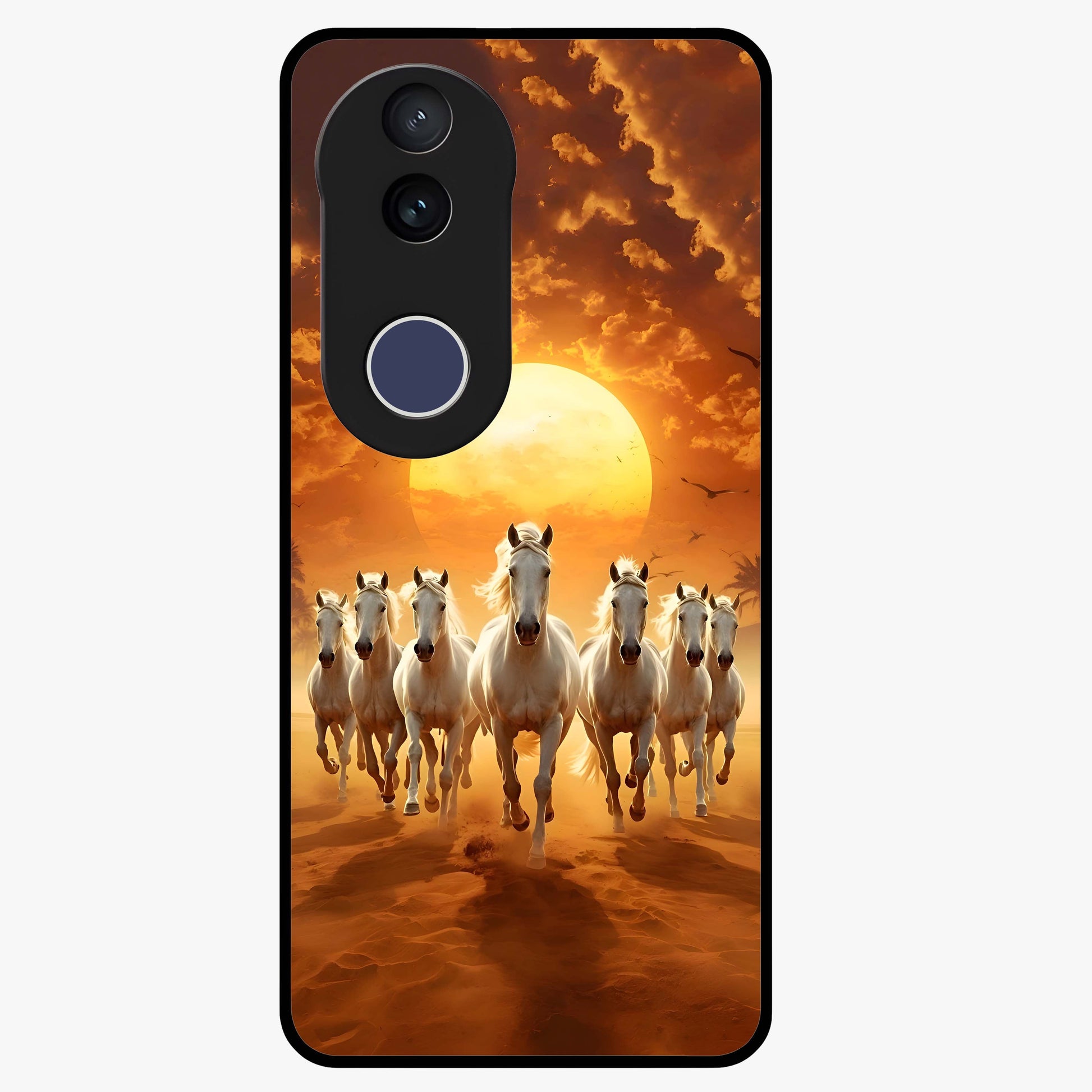 Wild Sunset Majesty Glass Case showing flat back view with majestic sunset landscape artwork and glossy glass finish.