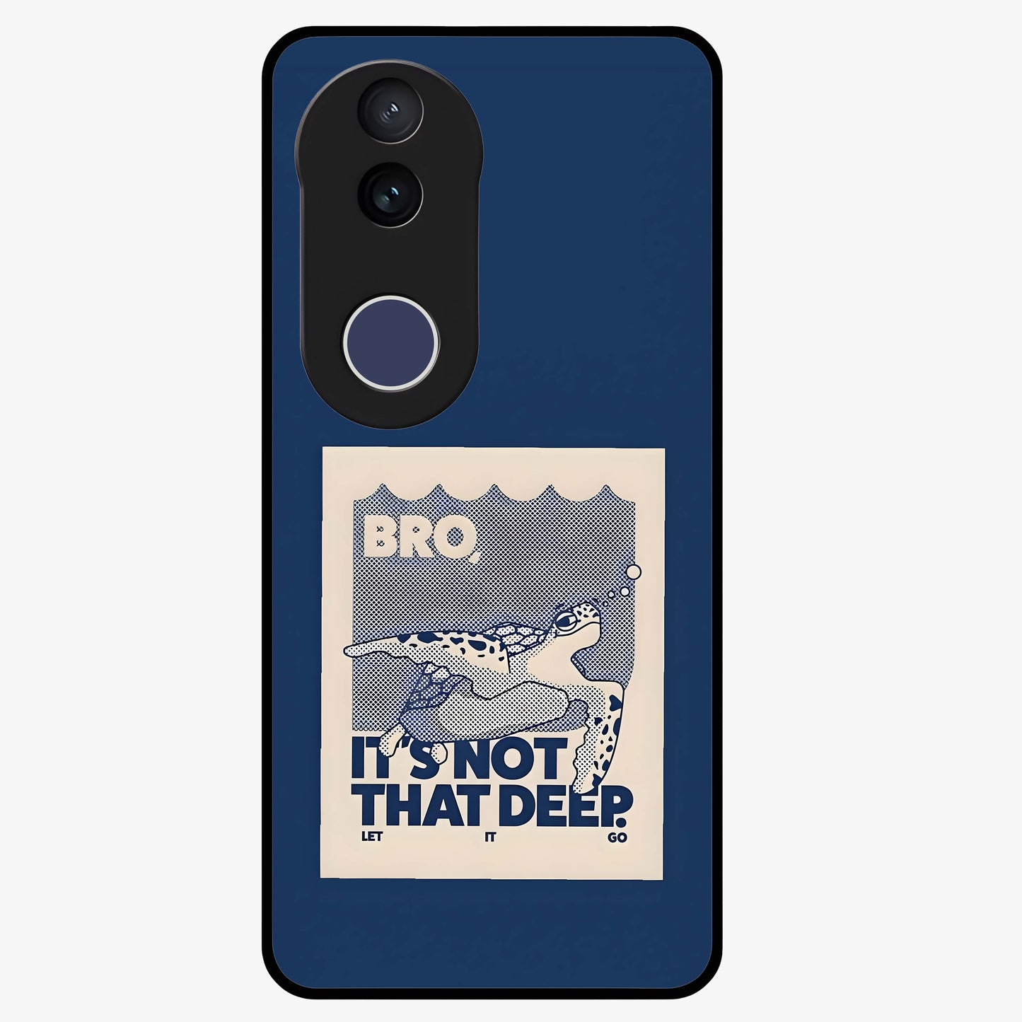 Worry Less Swim Glass Case showing flat back view with playful motivational artwork and glossy glass finish.