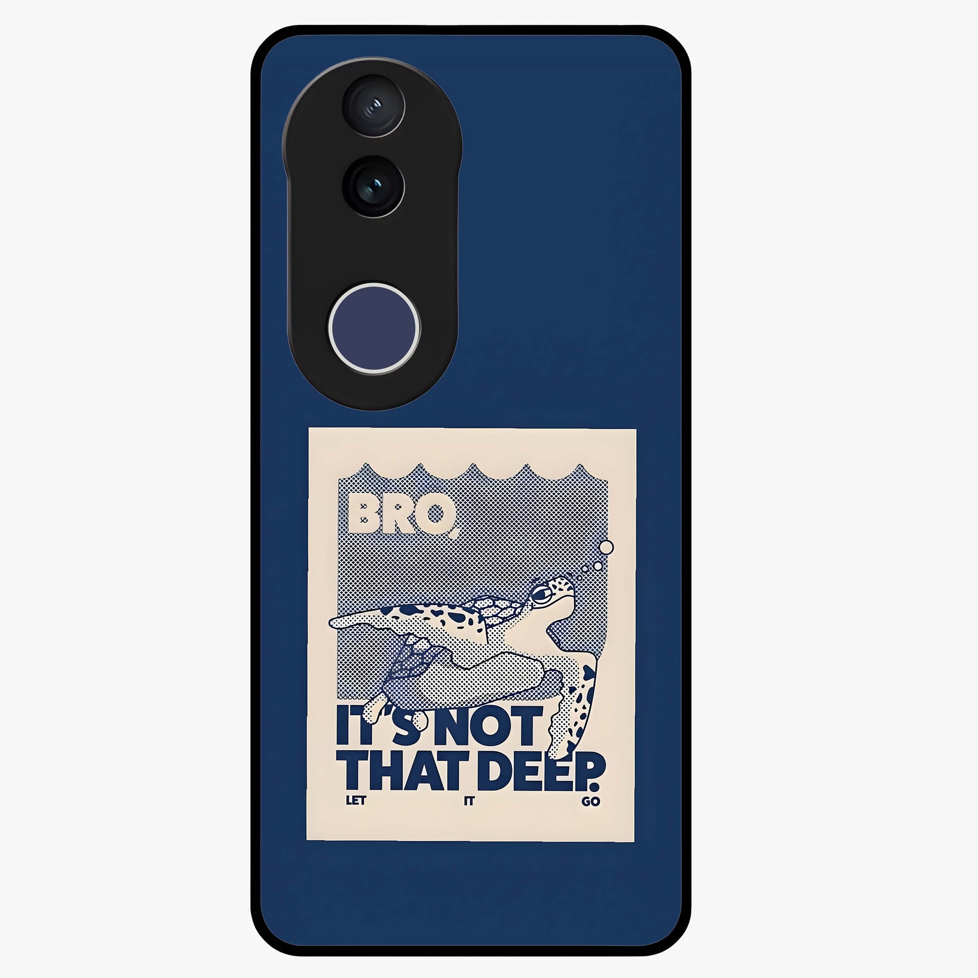 Worry Less Swim Glass Case showing flat back view with playful motivational artwork and glossy glass finish.