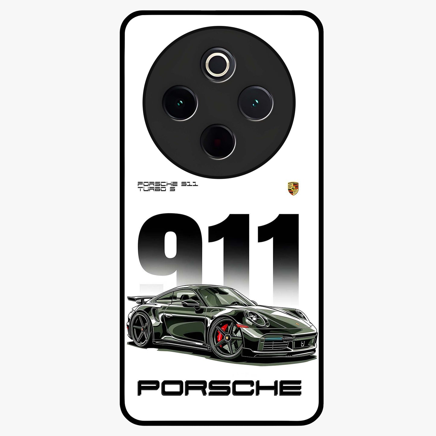 911 Turbo Dominance Glass Case showing clean flat back view with bold 911 sports car artwork and glossy glass finish.