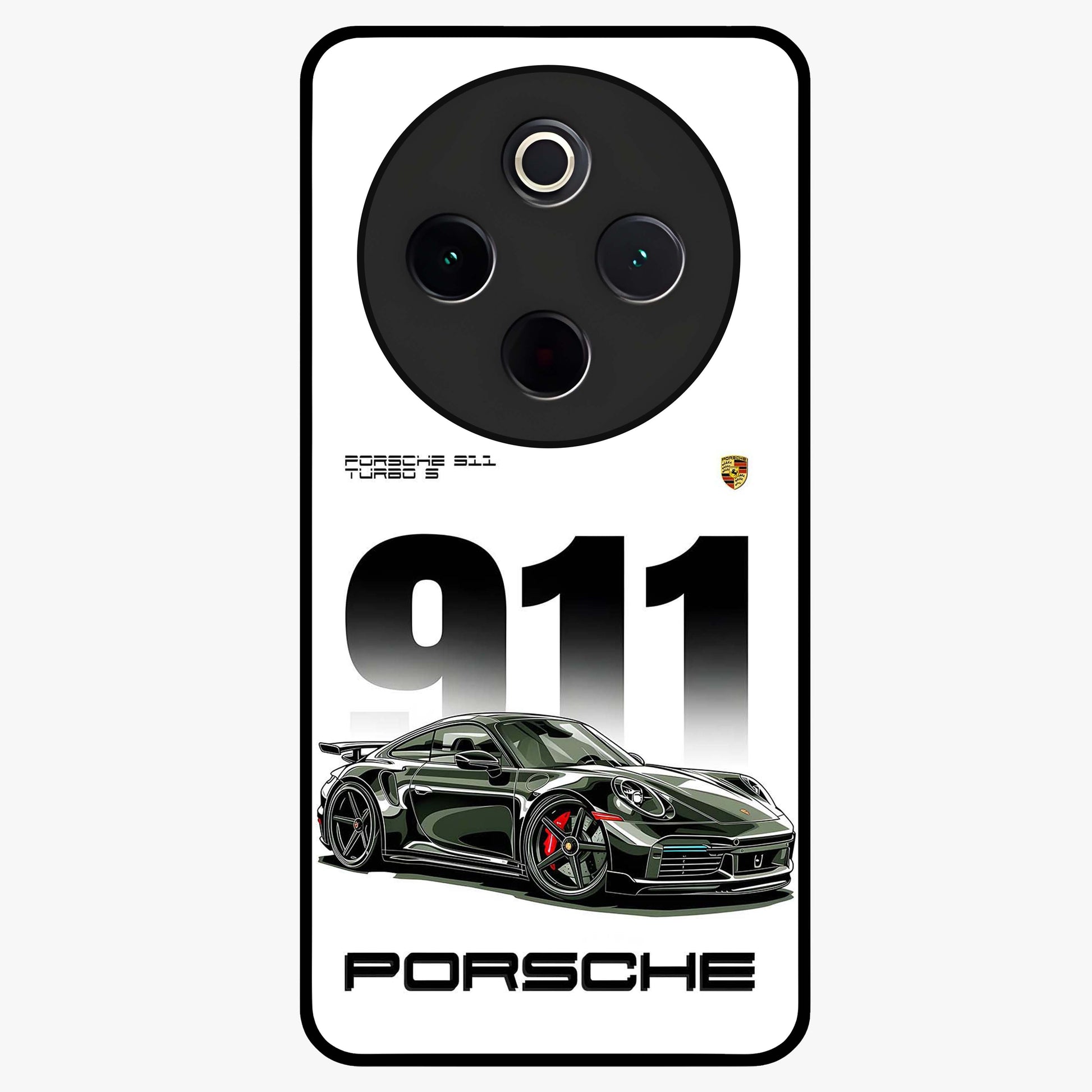911 Turbo Dominance Glass Case showing clean flat back view with bold 911 sports car artwork and glossy glass finish.
