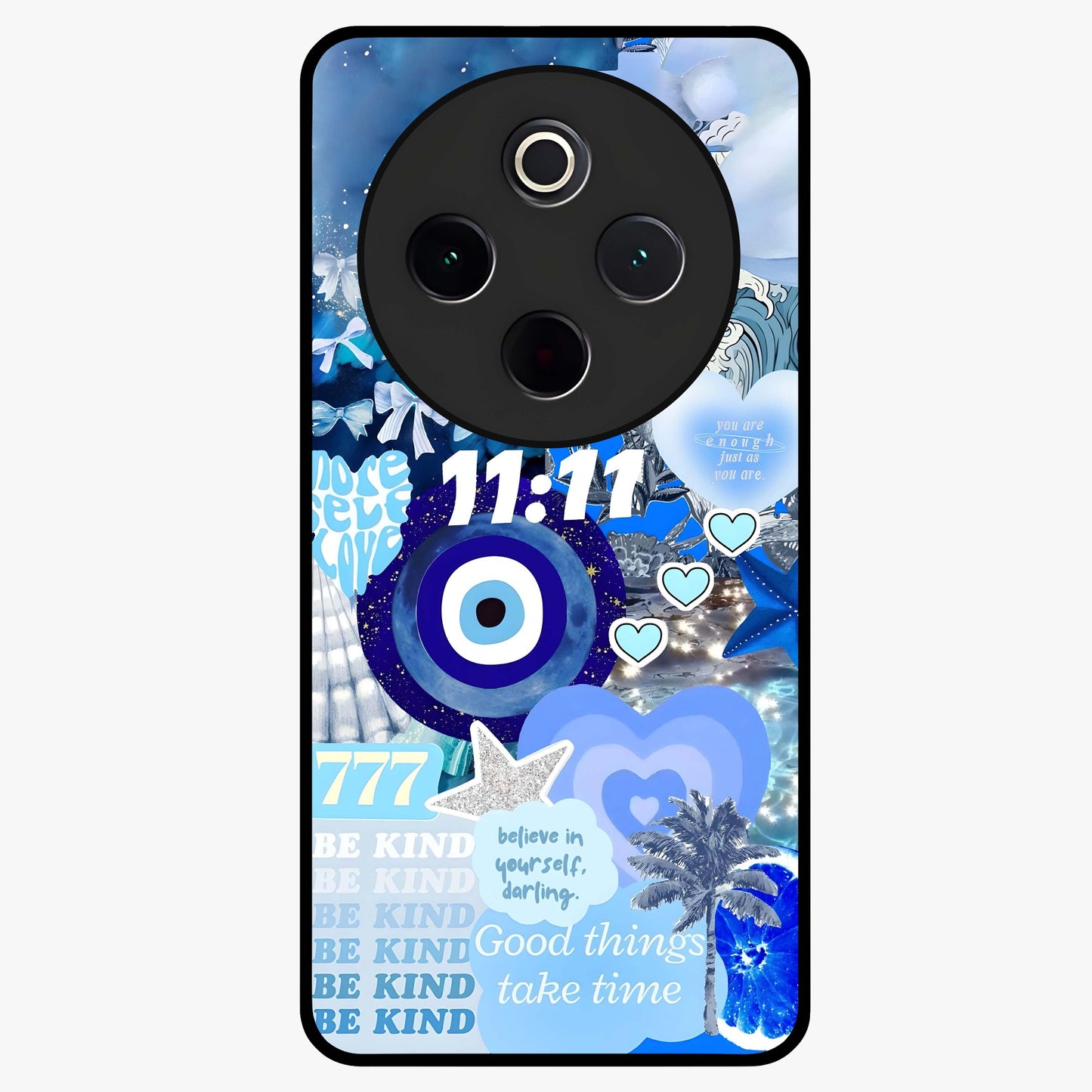 Aesthetic Be Kind Eye Glass Case showing flat back view with motivational eye artwork and glossy glass finish.