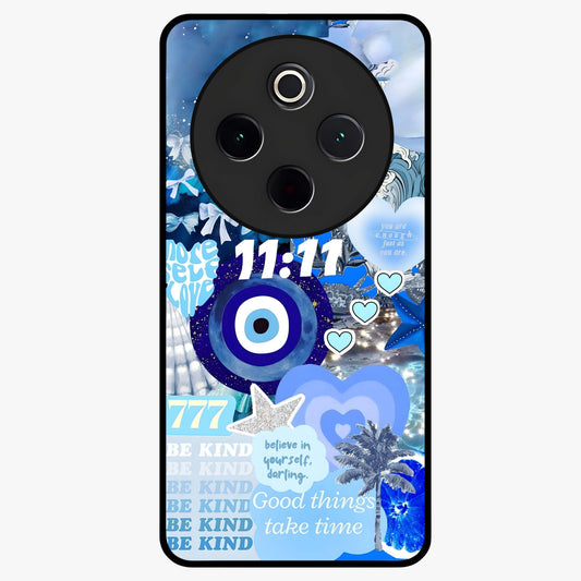 Aesthetic Be Kind Eye Glass Case showing flat back view with motivational eye artwork and glossy glass finish.