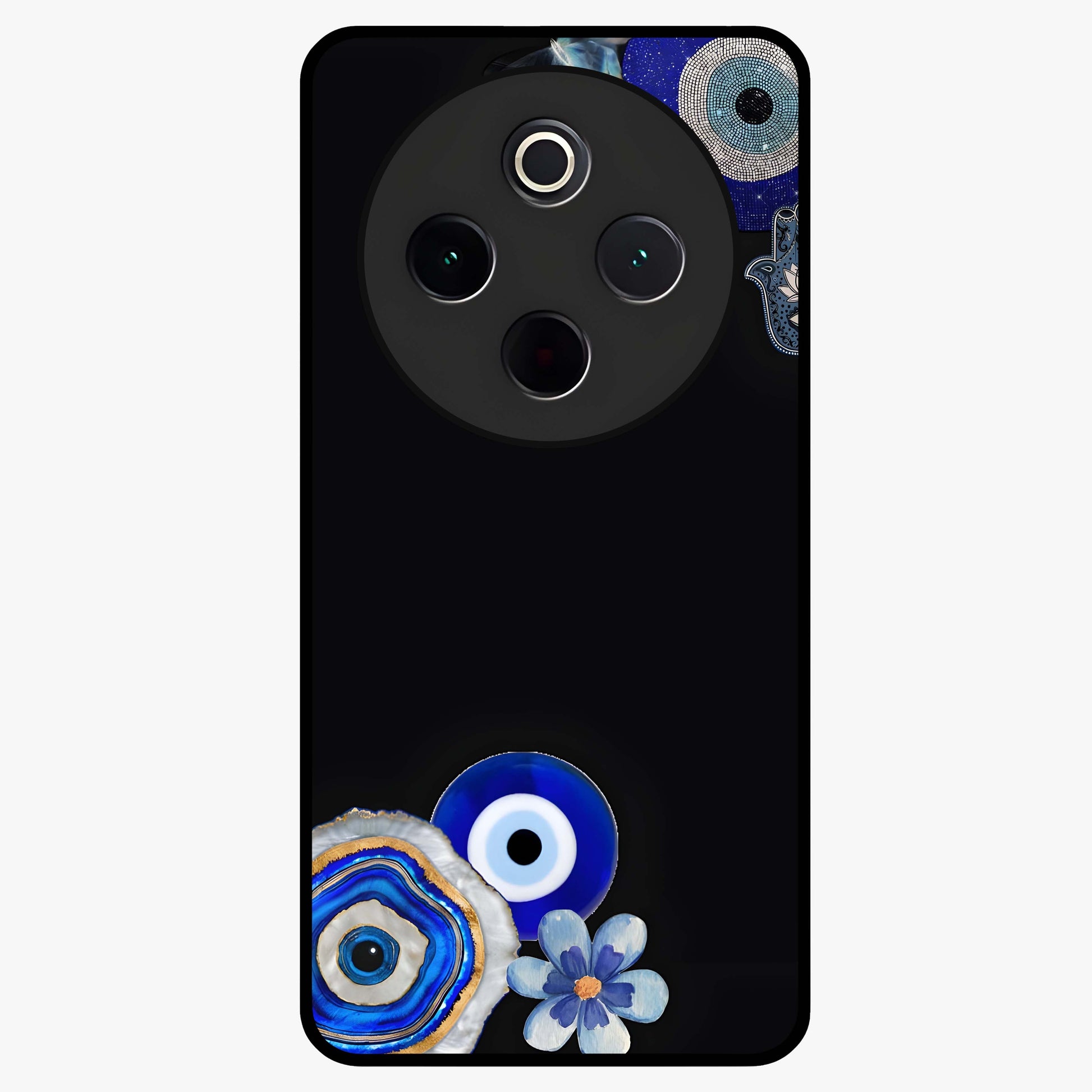 Aesthetic Blue Evil Eye Glass Case showing flat back view with protective evil eye artwork and glossy glass finish.