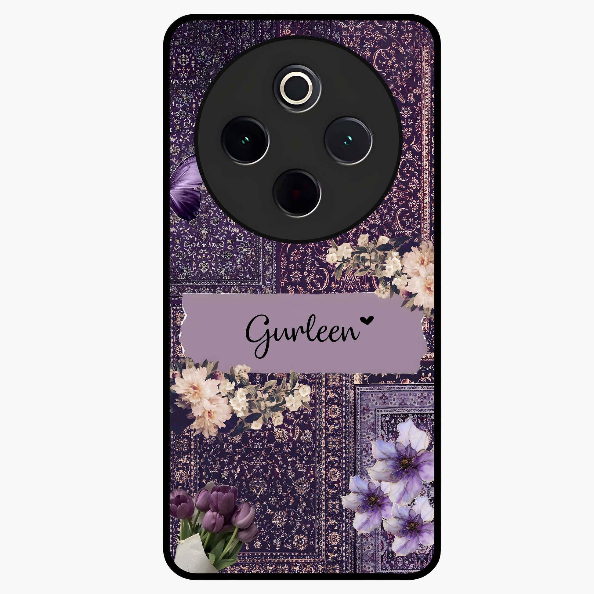 Antique Floral Whisper Custom Name Glass Case showing flat back view with vintage floral artwork and personalized name design.