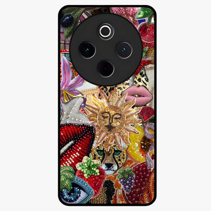 Beaded Fashion Jungle Glass Case showing flat back view with vibrant jungle inspired bead artwork and glossy glass finish.