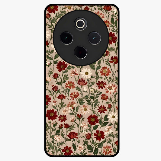Biege Flower With Leaf Glass Case showing flat back view with soft beige floral artwork and glossy glass finish.