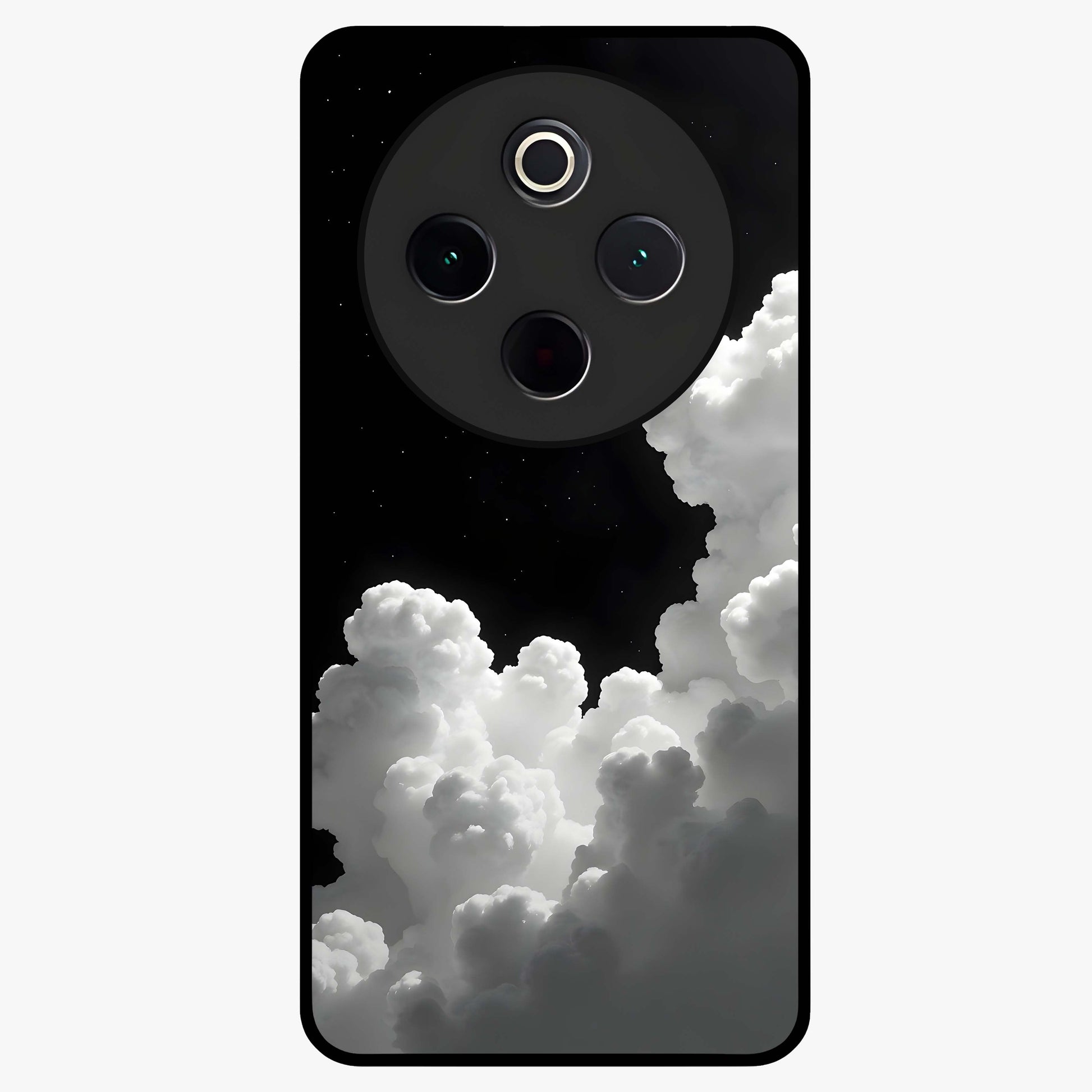 Black Background With White Cloud Glass Case showing flat back view with minimal cloud artwork on dark background and glossy glass finish.