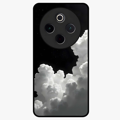 Black Background With White Cloud Glass Case showing flat back view with minimal cloud artwork on dark background and glossy glass finish.