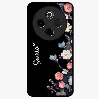Black Elegance Floral Custom Name Glass Case showing flat back view with elegant floral artwork and personalized name design.