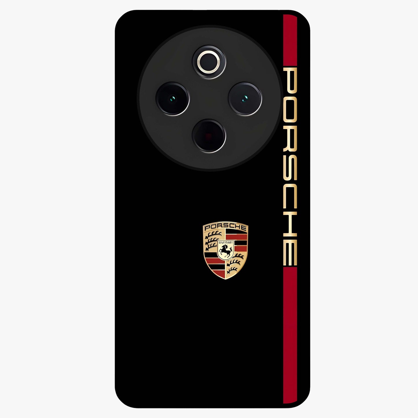 Black Minimal Porsche Glass Case showing flat back view with sleek minimal sports car artwork and glossy glass finish.