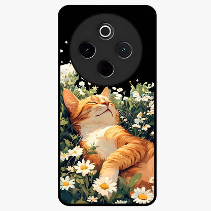 Blissful Bloom Cat Glass Case showing flat back view with cute cat and floral bloom artwork and glossy glass finish.