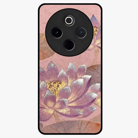 Blossom Mist Lotus Glass Case showing flat back view with serene lotus blossom artwork and glossy glass finish.