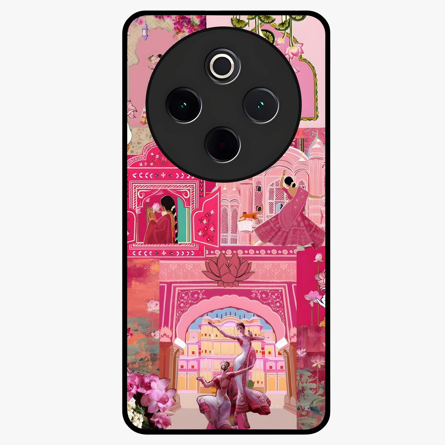 Blossoms of Rajasthan Glass Case showing flat back view with traditional floral artwork inspired by Rajasthan and glossy glass finish.