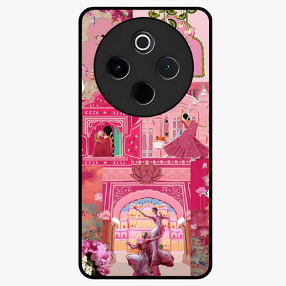 Blossoms of Rajasthan Glass Case showing flat back view with traditional floral artwork inspired by Rajasthan and glossy glass finish.