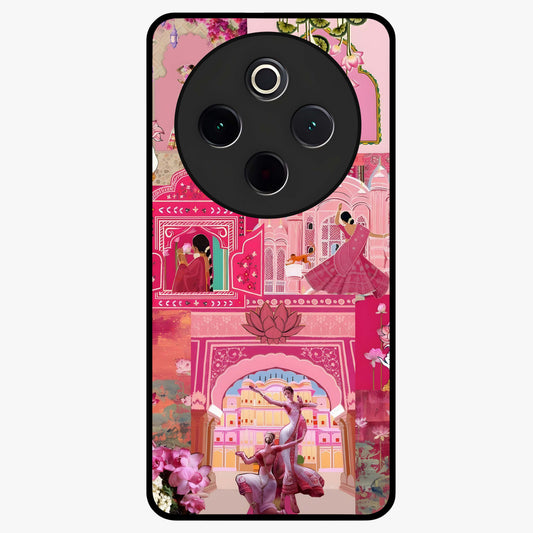 Blossoms of Rajasthan Glass Case showing flat back view with traditional floral artwork inspired by Rajasthan and glossy glass finish.