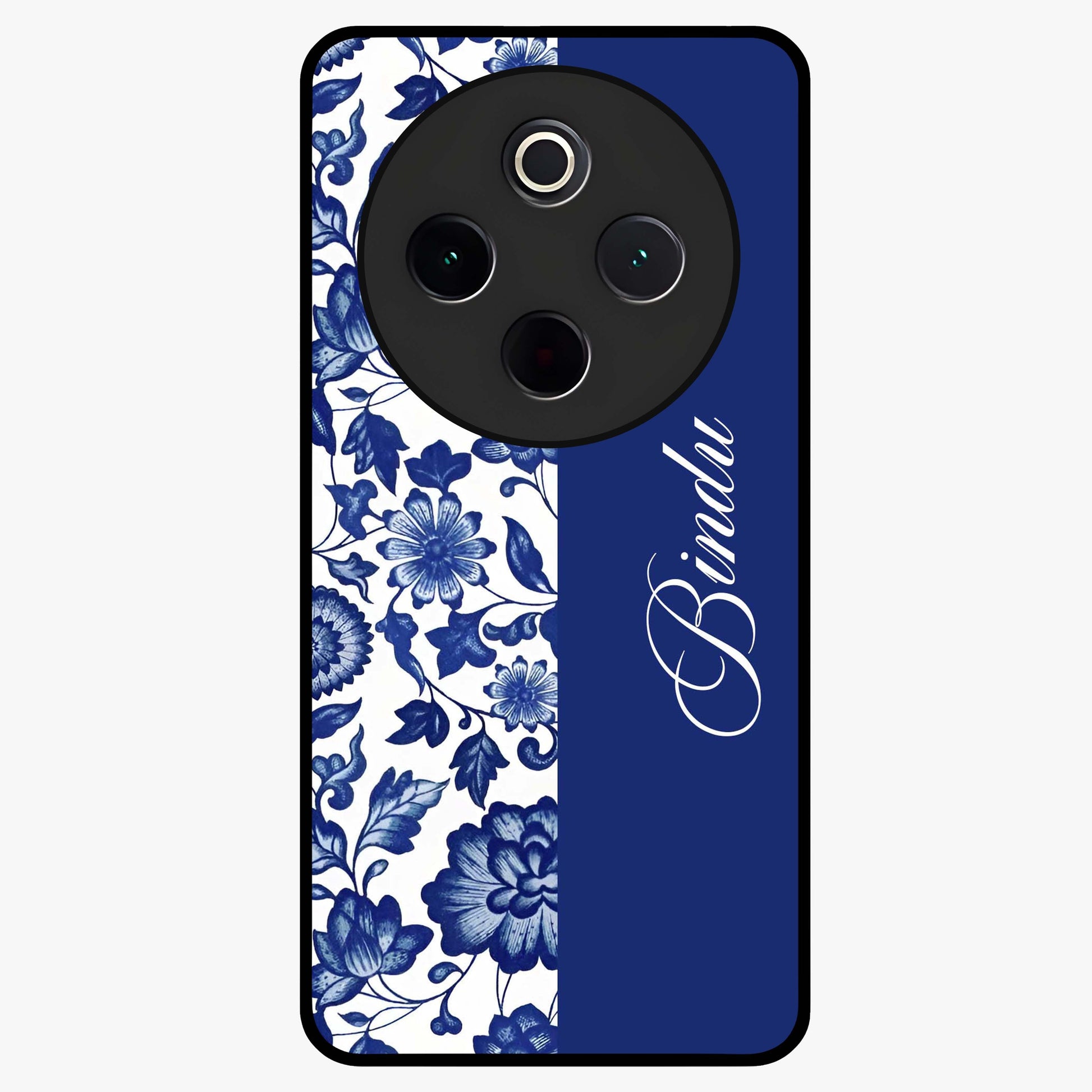 Blue Vintage Floral Pattern Glass Case upright view showcasing timeless floral illustration with vintage inspired style.