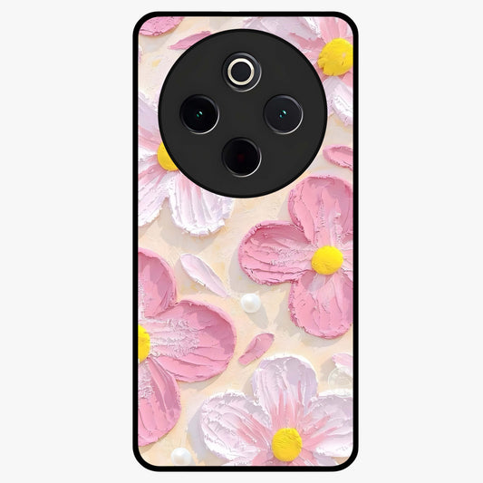 Blush Bloom Texture Glass Case showing flat back view with soft blush floral texture artwork and glossy glass finish.