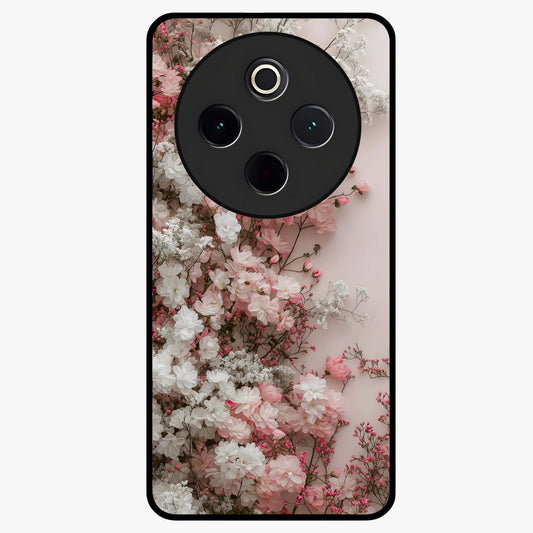 Blush Blossom Cloud Glass Case showing flat back view with dreamy blush cloud blossom artwork and glossy glass finish.