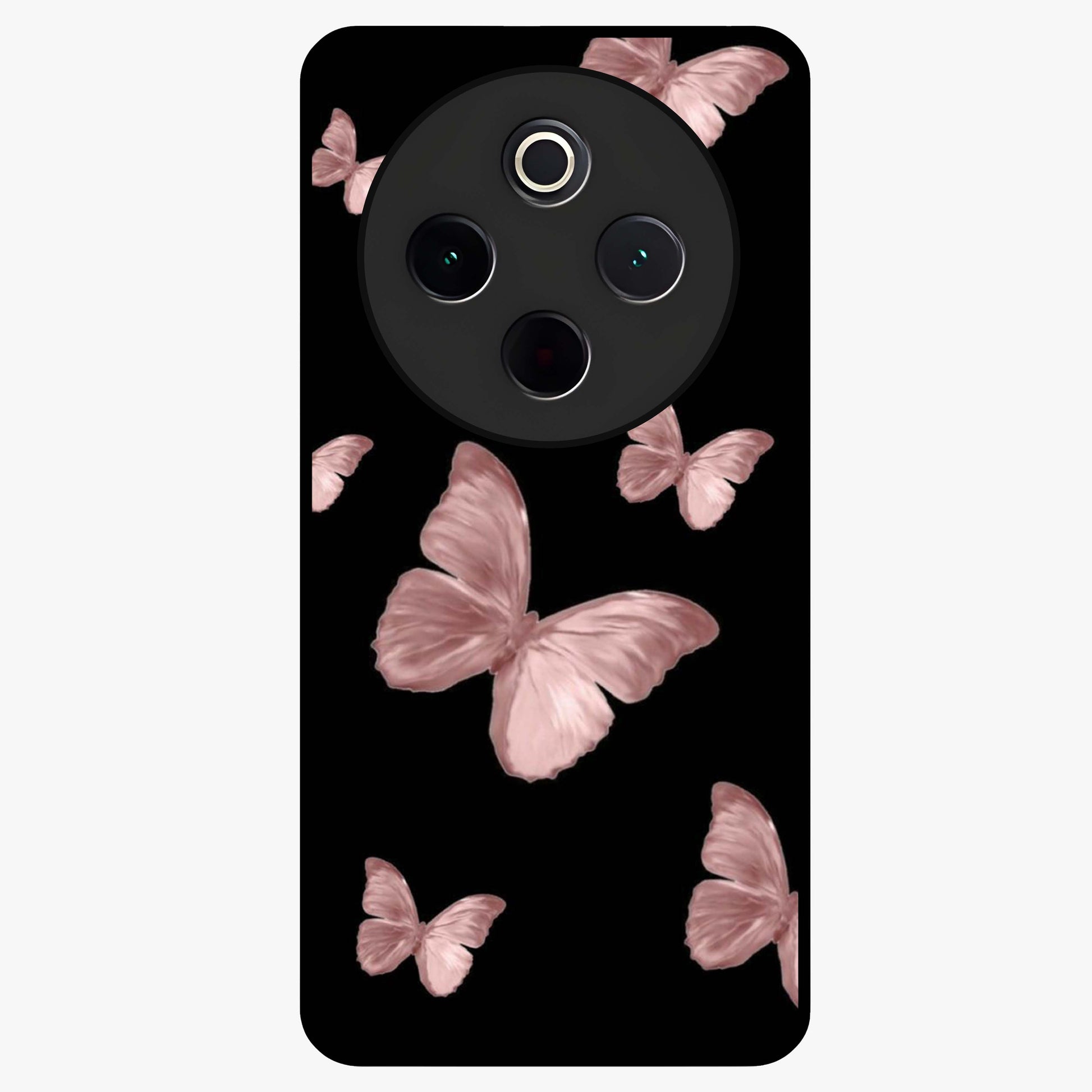Butterfly Pattern Glass Case showing flat back view with elegant butterfly pattern artwork and glossy glass finish.