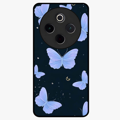 Butterfly With Stars Pattern Glass Case showing flat back view with butterfly and star pattern artwork and glossy glass finish.