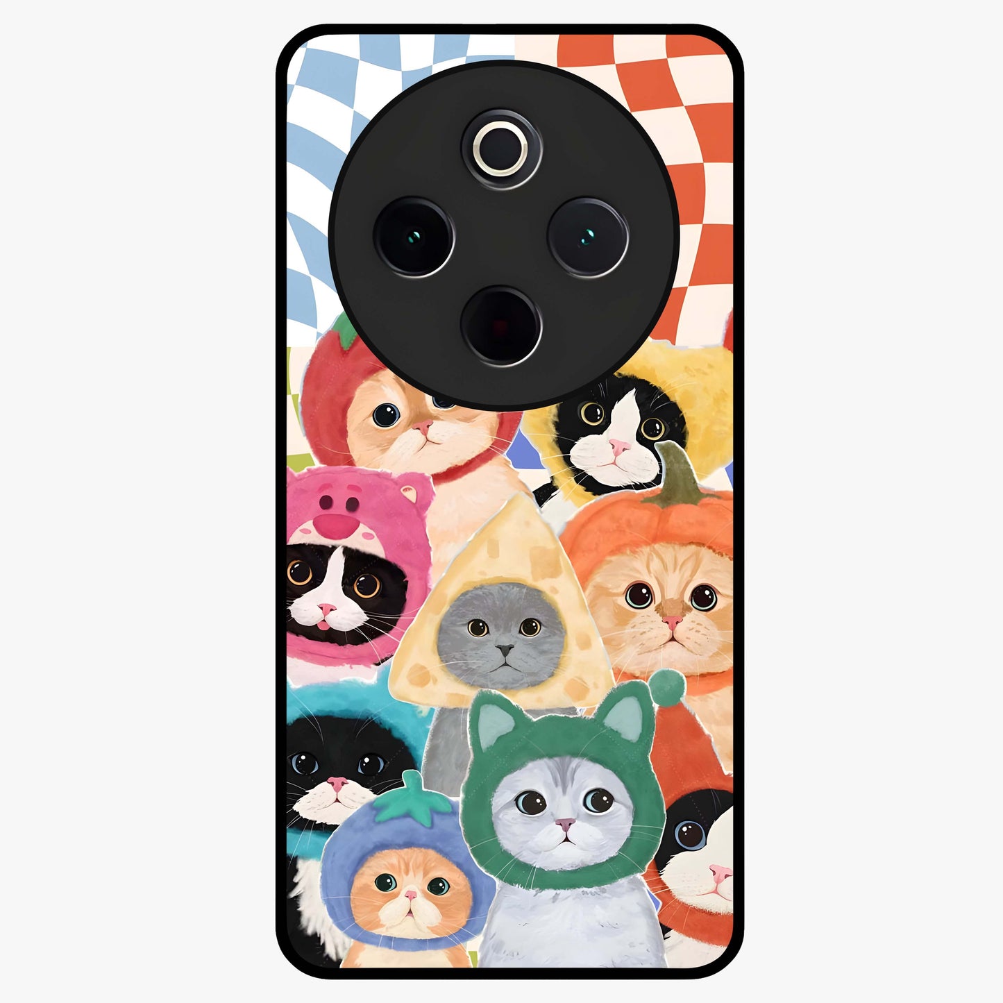 Cats in Fruits Glass Case showing flat back view with playful cat illustrations inside fruit artwork and glossy glass finish.