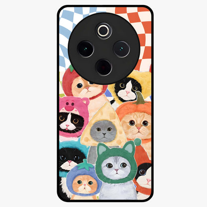 Cats in Fruits Glass Case showing flat back view with playful cat illustrations inside fruit artwork and glossy glass finish.