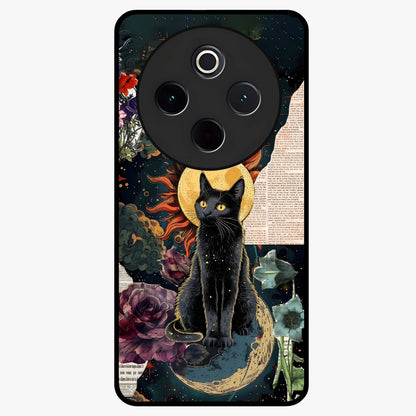 Celestial Black Cat Glass Case showing flat back view with mystical black cat artwork and glossy glass finish.
