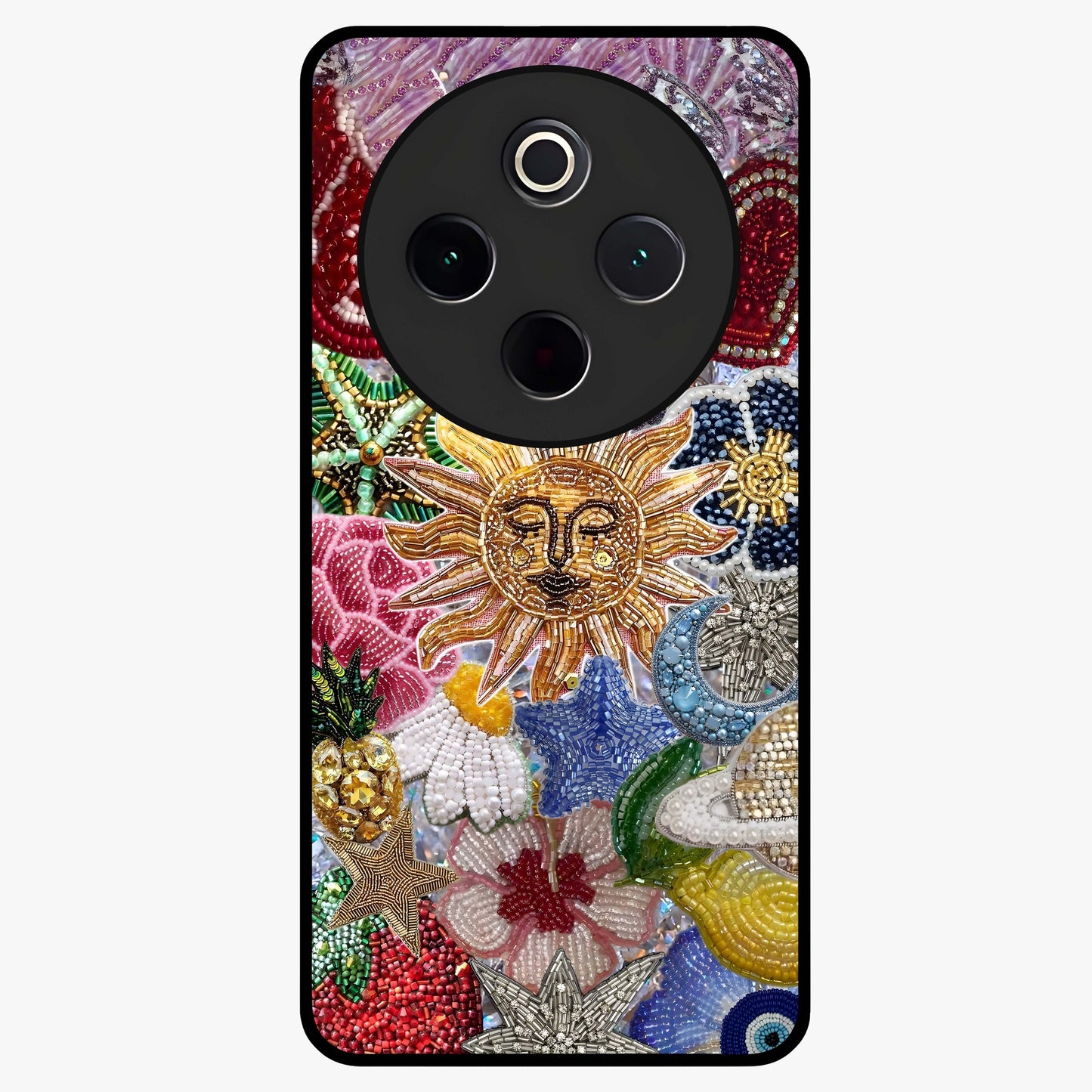 Celestial Floral and Playful Glass Case showing flat back view with floral and celestial themed artwork and glossy glass finish.
