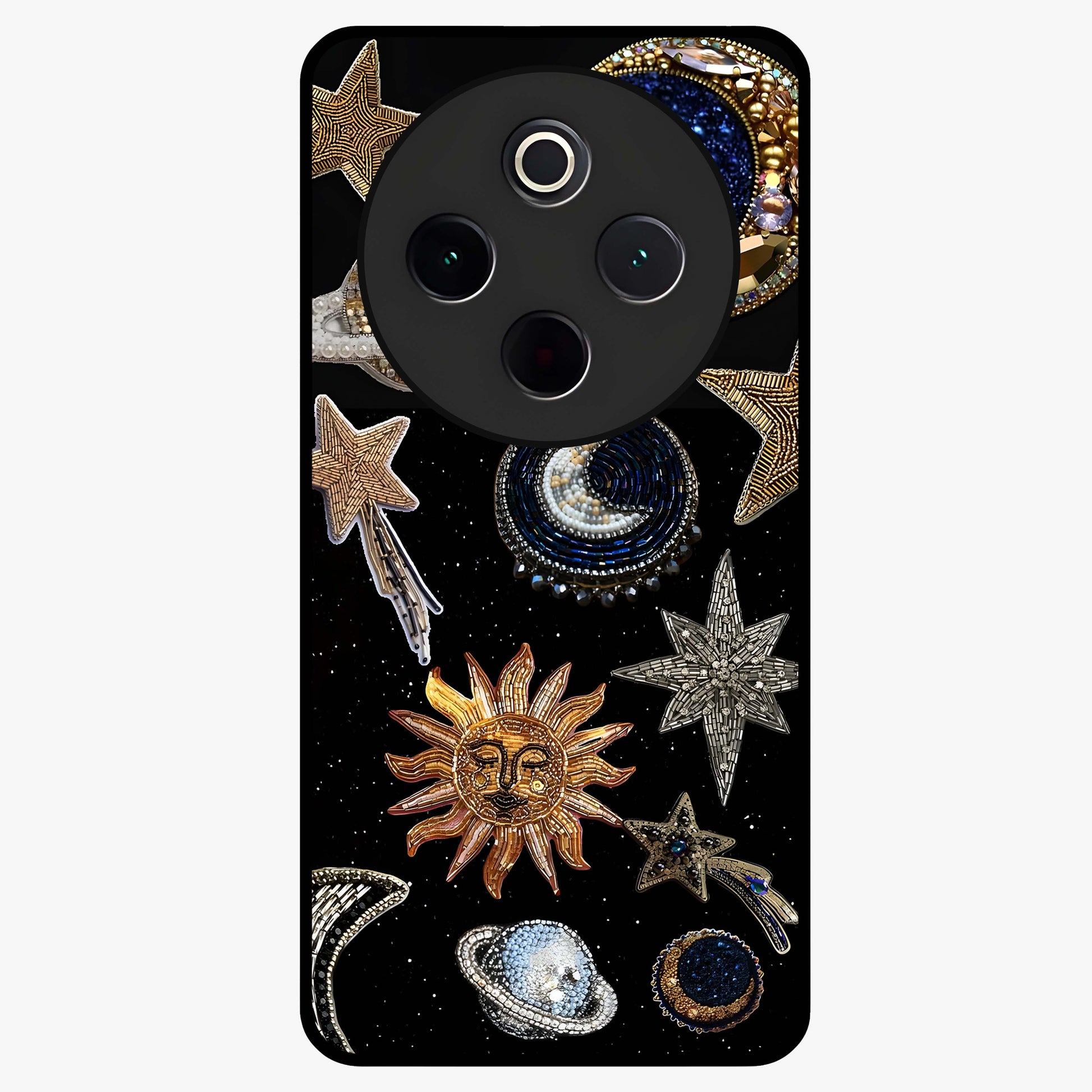 Celestial Gem Constellations Glass Case showing flat back view with sparkling constellation artwork and glossy glass finish.