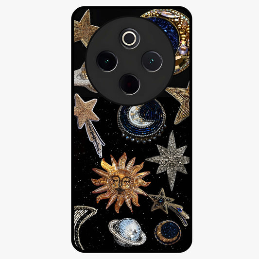 Celestial Gem Constellations Glass Case showing flat back view with sparkling constellation artwork and glossy glass finish.