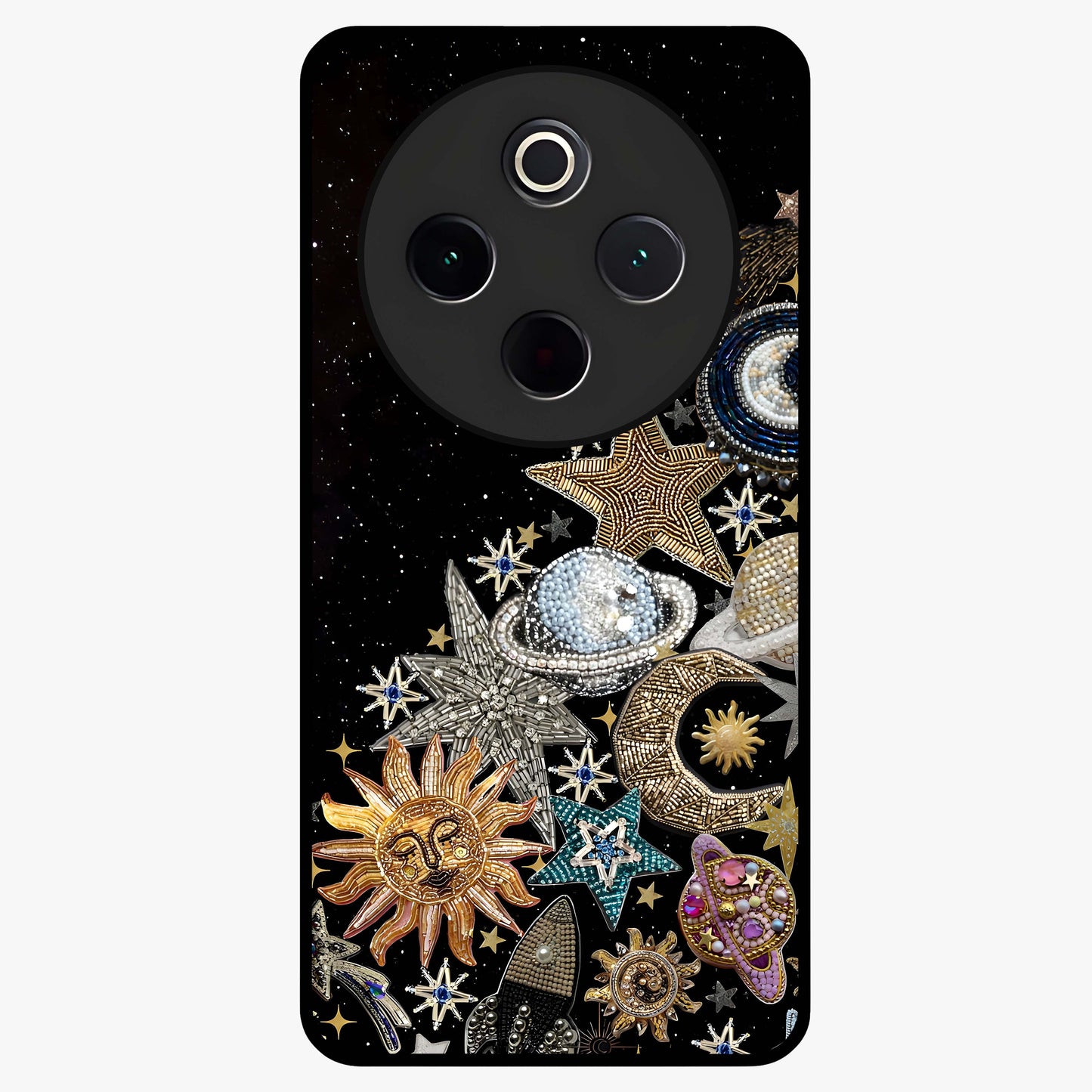 Cosmic Sparkle Dreams Glass Case showing flat back view with sparkling cosmic artwork and glossy glass finish.
